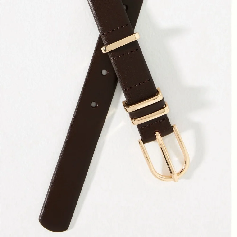 Anthropologie Basic Keeper Brown Leather Gold Tone Metal Belt Size Small NWT_4